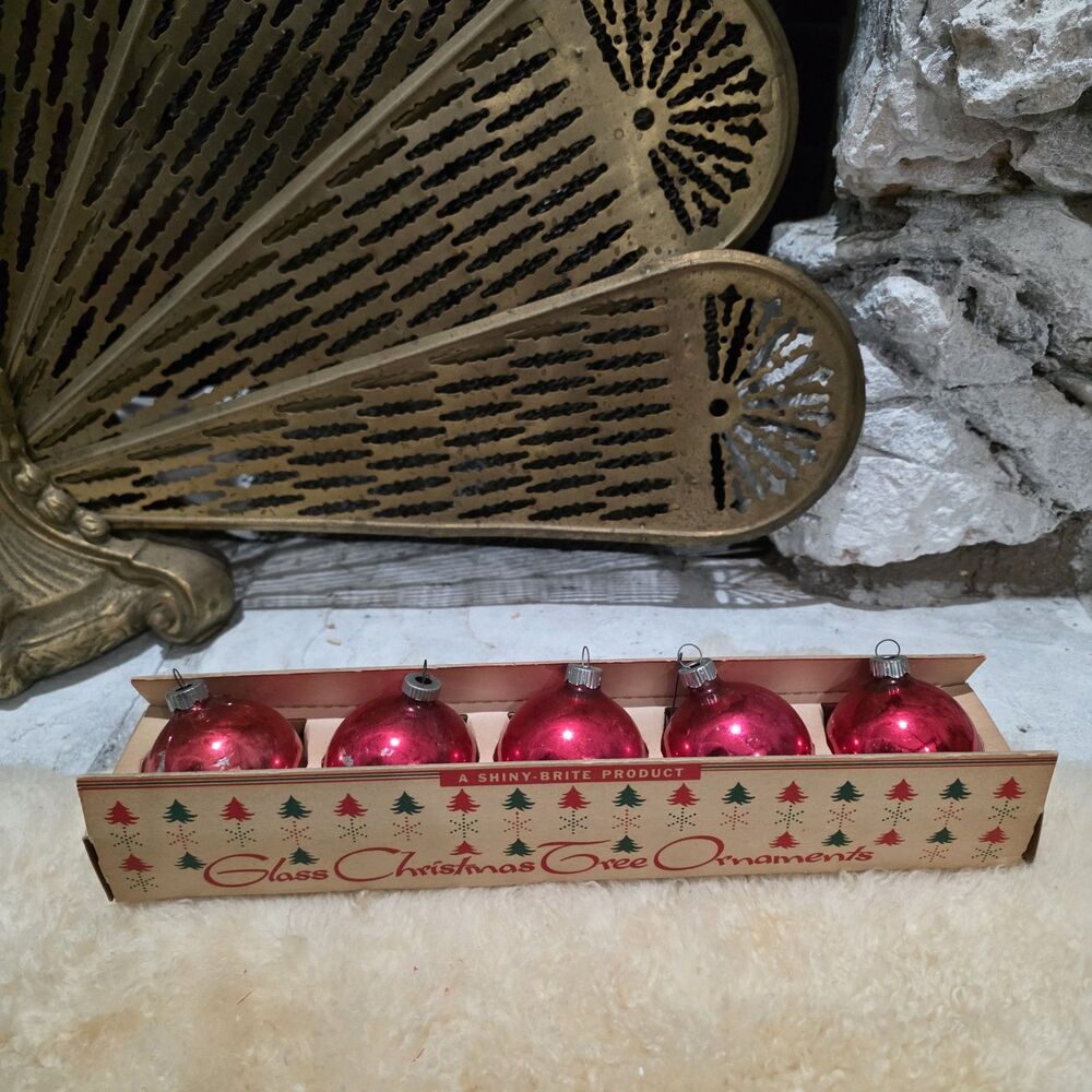 Shiny Brite 2 1/4" Round Christmas Red Ornaments Caps With Box Lot Of 5